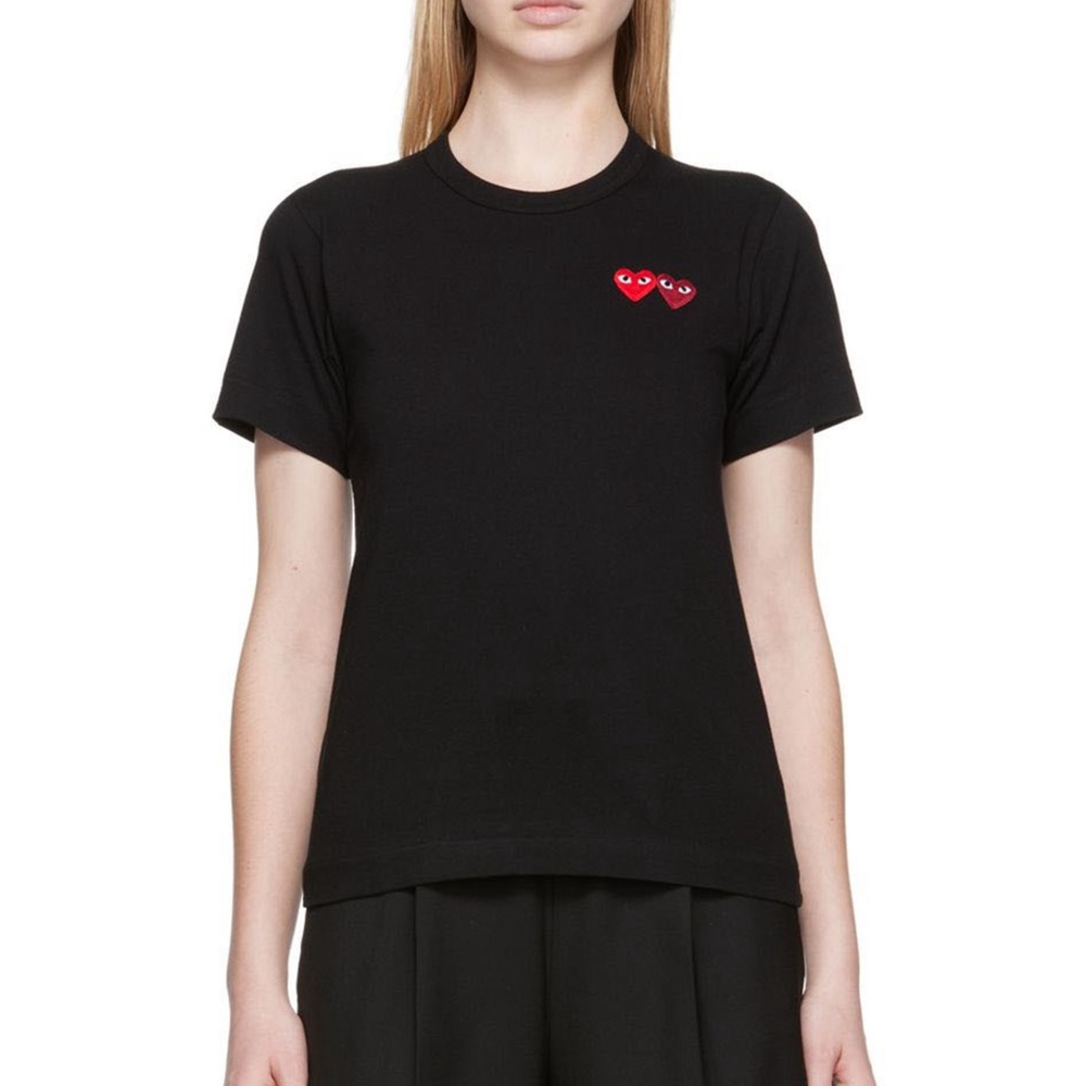 Comme des Garçons Black T-Shirt with Double Red Heart Logo